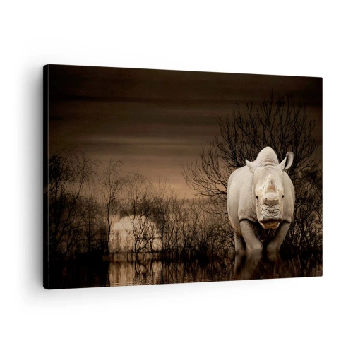 Canvas picture - Rhinoceros among trees at sunset, wild nature. - 70x50cm - White against Nature - Modern wall decoration for the living room and bedroom ARTTOR