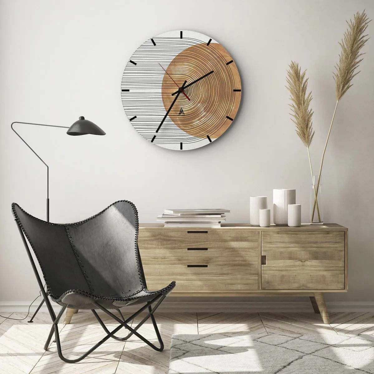 Wall clock - Clock on glass - Wood and lines on a light background in geometric harmony - 30x30cm - Sunny Composition - Modern wall decoration for the living room, kitchen, and bedroom ARTTOR