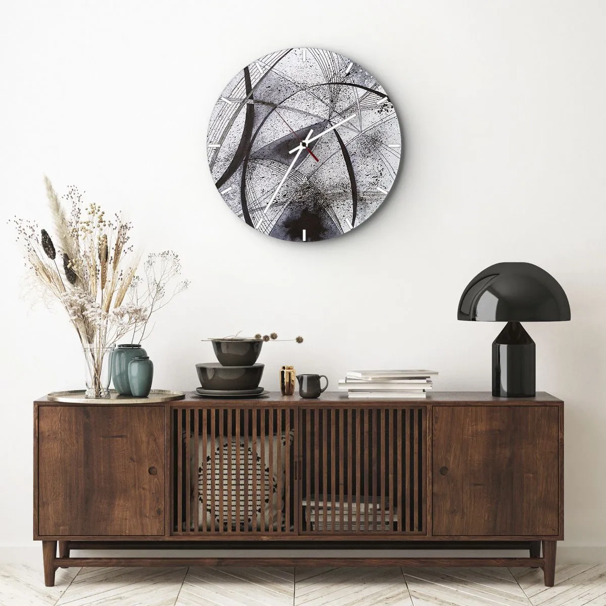 Wall clock - Clock on glass - Black and white abstraction with dynamic lines and spots - 30x30cm - Futuristic Fantasy - Modern wall decoration for the living room, kitchen, and bedroom ARTTOR