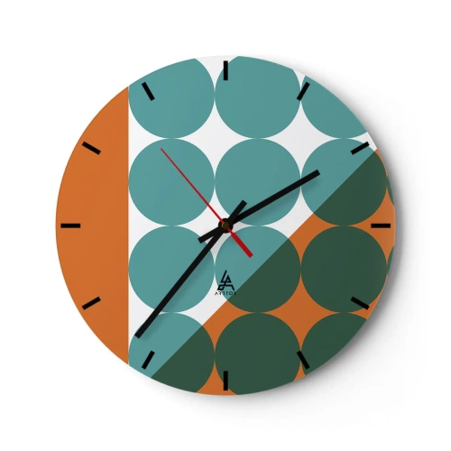 Wall clock - Clock on glass - Geometric circles in shades of green and orange - 30x30cm - Upwards and Diagonally - Modern wall decoration for the living room, kitchen, and bedroom ARTTOR