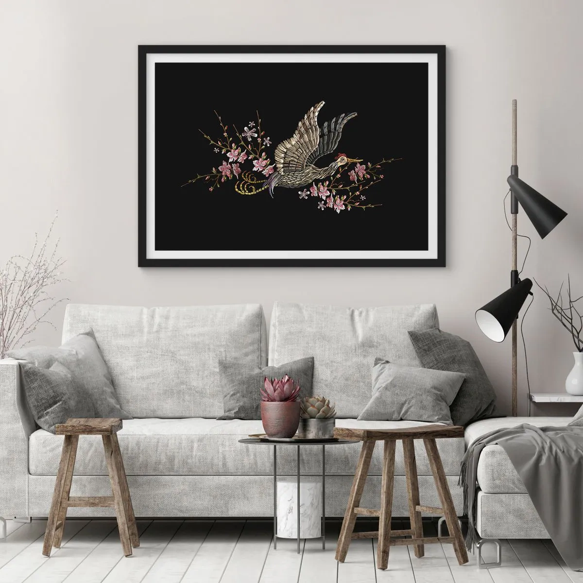 Poster in black frame - Exotic, Embroidered Bird - 70x50 cm