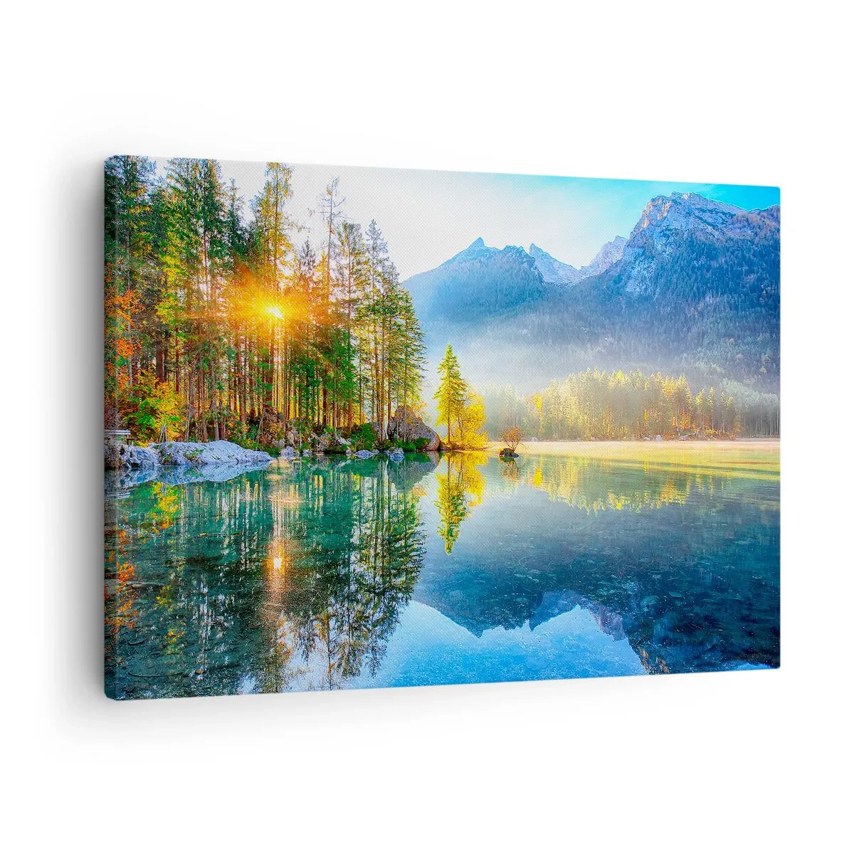 Canvas picture - A lake surrounded by mountains and forest in the rays of the sun - 70x50cm - Majesty and Sweetness - Modern wall decoration for the living room and bedroom ARTTOR