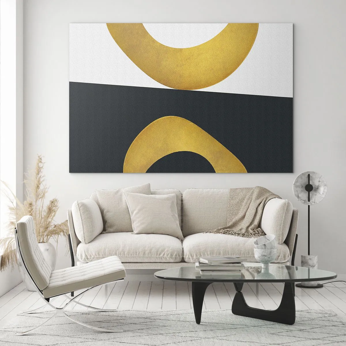 Glass picture - Golden geometric shapes on a white and black background - 70x50cm - First Of All: Gold - Modern wall decoration for the living room and bedroom ARTTOR