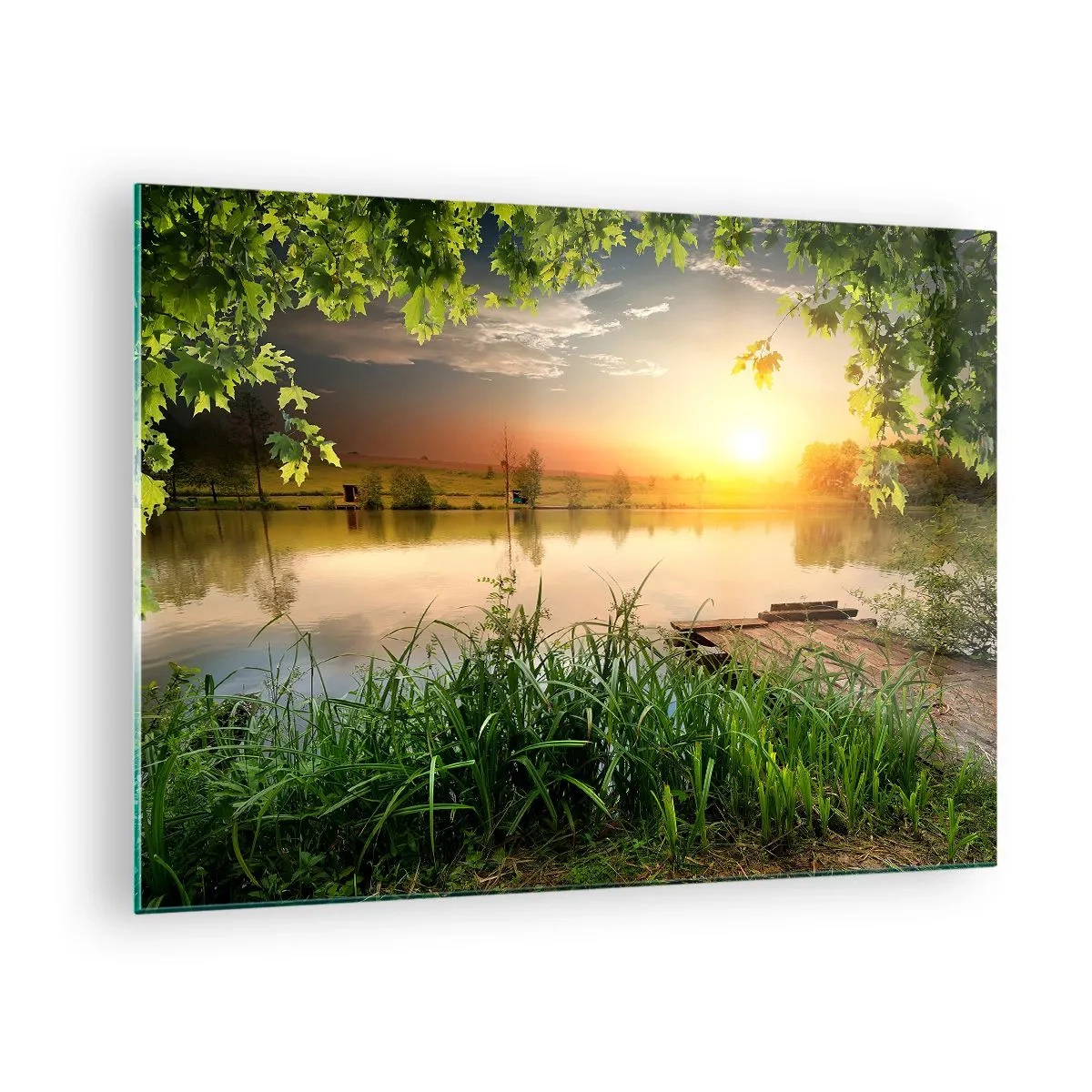Glass picture - Landscape with a lake surrounded by greenery at sunset - 70x50cm - Landscape in a Green Frame - Modern wall decoration for the living room and bedroom ARTTOR