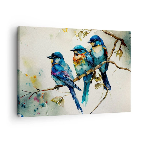 Canvas picture - Three colorful birds on a branch in a watercolor style - 70x50cm - Is It Offended? - Modern wall decoration for the living room and bedroom ARTTOR