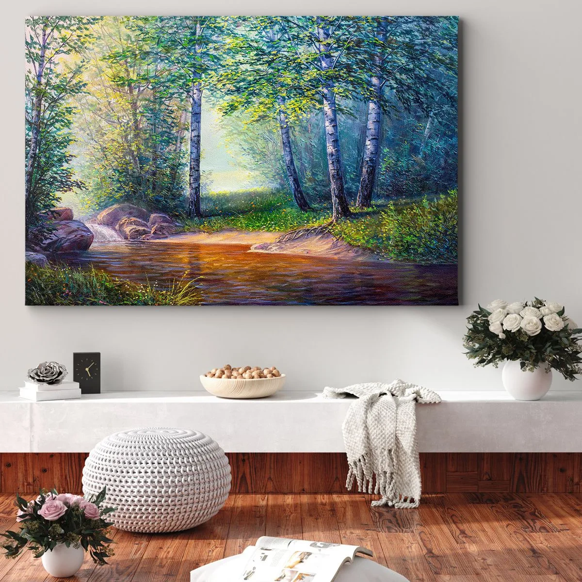 Canvas picture - A forest stream surrounded by birch trees and sunshine - 70x50cm - Idyllic Scenery - Modern wall decoration for the living room and bedroom ARTTOR