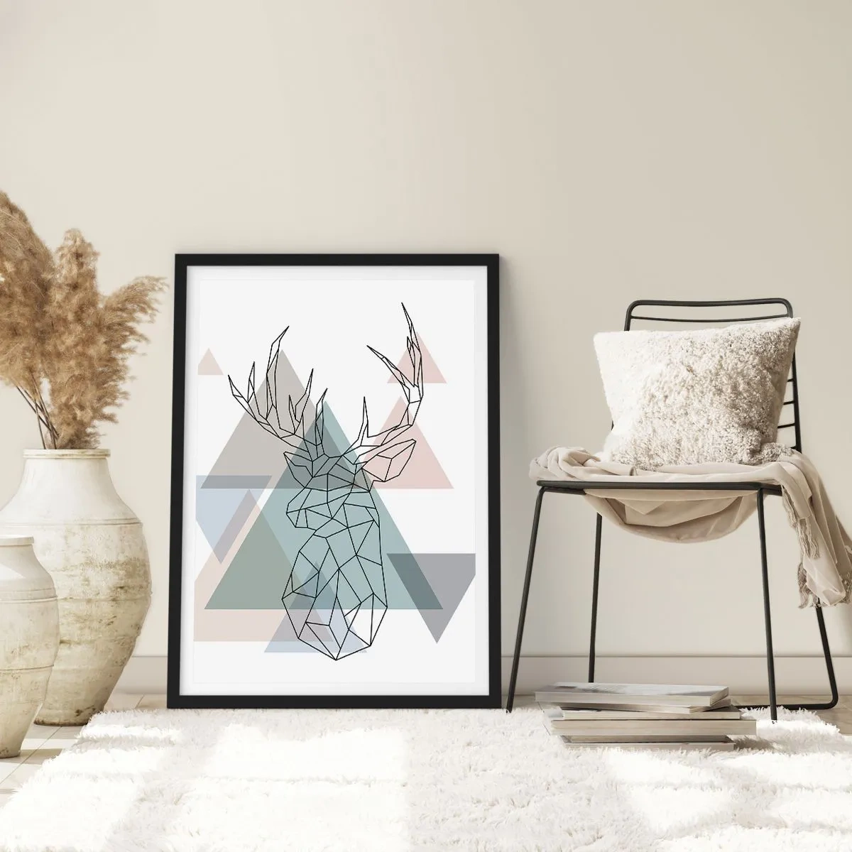 Poster in black frame - Geometric silhouette of a deer against a background of triangles - 50x70cm - In a Geometrical Forest - Modern wall decoration for the living room and bedroom ARTTOR
