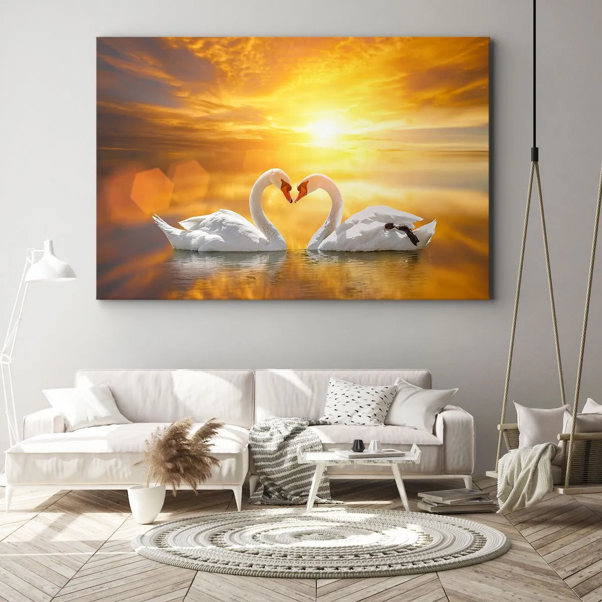 Canvas picture - A romantic scene of two swans forming a heart against the backdrop of a golden sunset. - 70x50cm - Heart Is the Most Beautiful Word in the World - Modern wall decoration for the living room and bedroom ARTTOR
