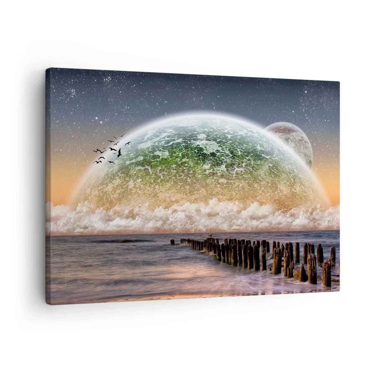 Canvas picture - A fantastic landscape with a large planet above the sea and a wooden pier. - 70x50cm - And the World Has Emerged from Water - Modern wall decoration for the living room and bedroom ARTTOR