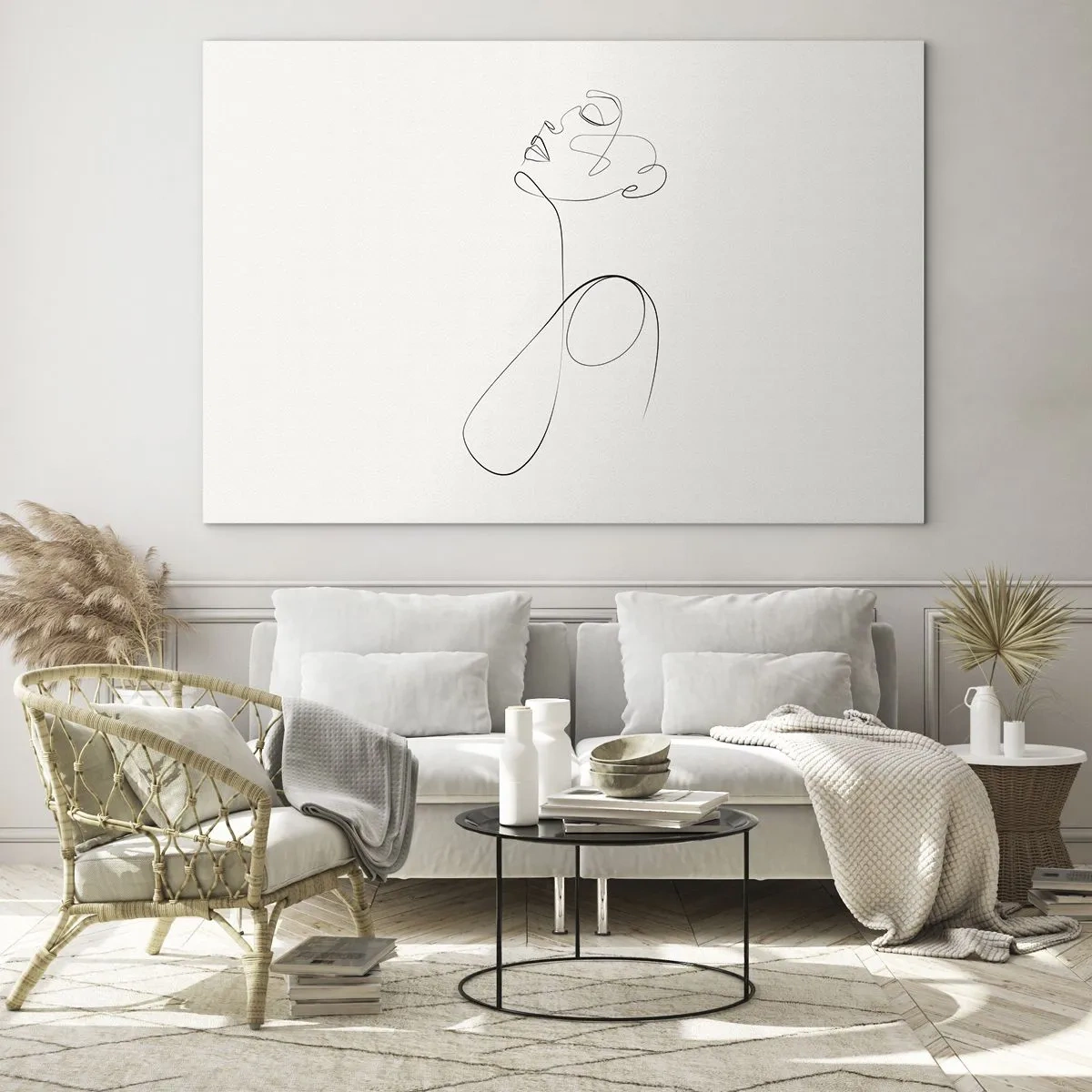 Glass picture - Female face and silhouette in line art style on white background - 70x50cm - Entangled in Dreams - Modern wall decoration for the living room and bedroom ARTTOR