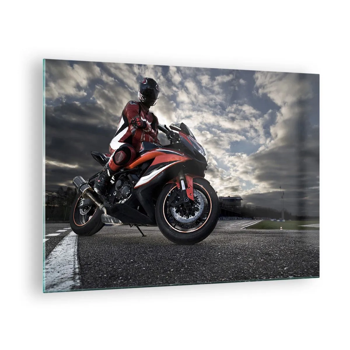 Glass picture - A motorcyclist on a race track under a stormy sky - 70x50cm - Dark Rider - Modern wall decoration for the living room and bedroom ARTTOR