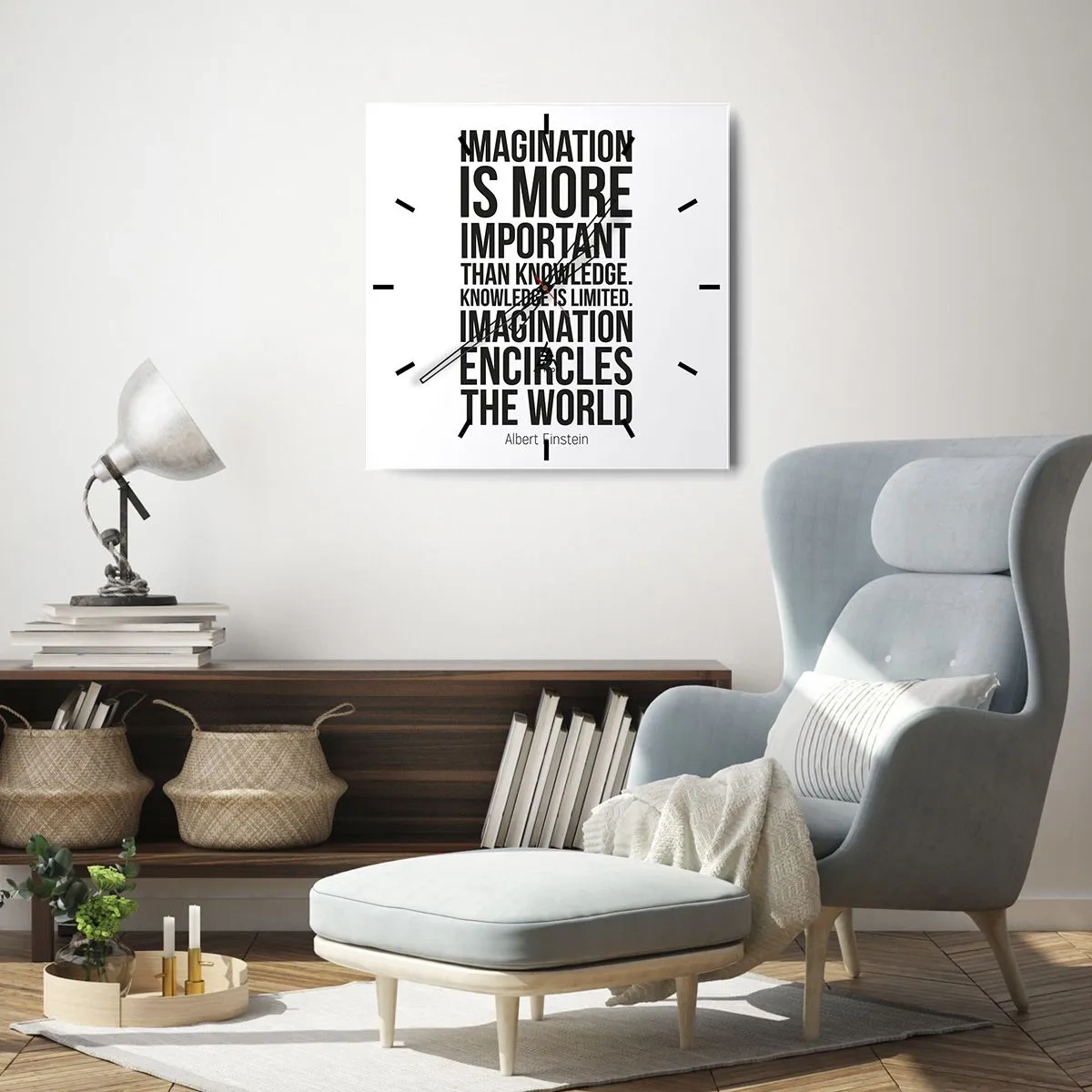 Wall clock - Clock on glass - Einstein about Power of Imagination - 40x40 cm