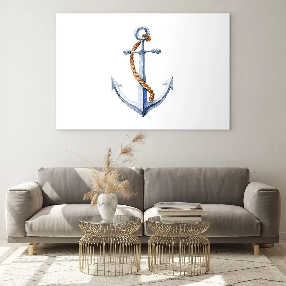 Glass picture - Anchor with rope in a nautical style - 70x50cm - Ahoy Adventure! - Modern wall decoration for the living room and bedroom ARTTOR
