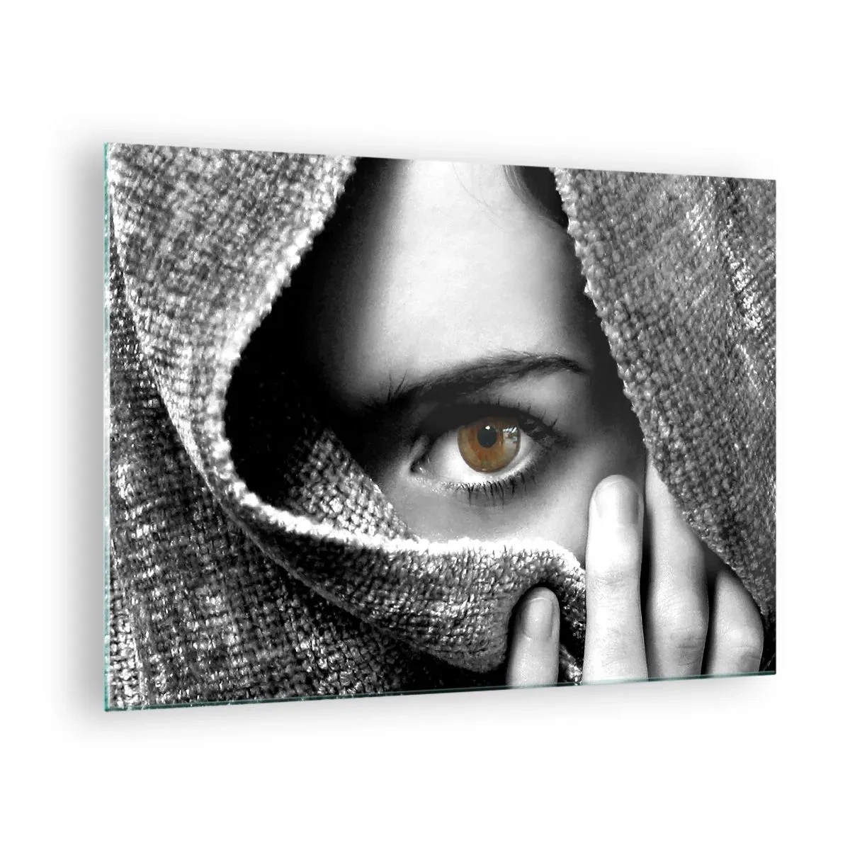 Glass picture - One eye hidden behind a monochromatic fabric texture - 70x50cm - Know the Secret - Modern wall decoration for the living room and bedroom ARTTOR