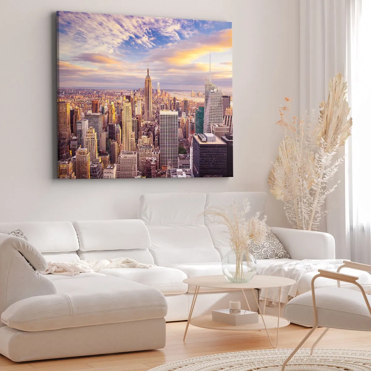 Canvas picture - Panorama of a modern city with skyscrapers at sunset - 70x50cm - Reaching the Clouds - Modern wall decoration for the living room and bedroom ARTTOR