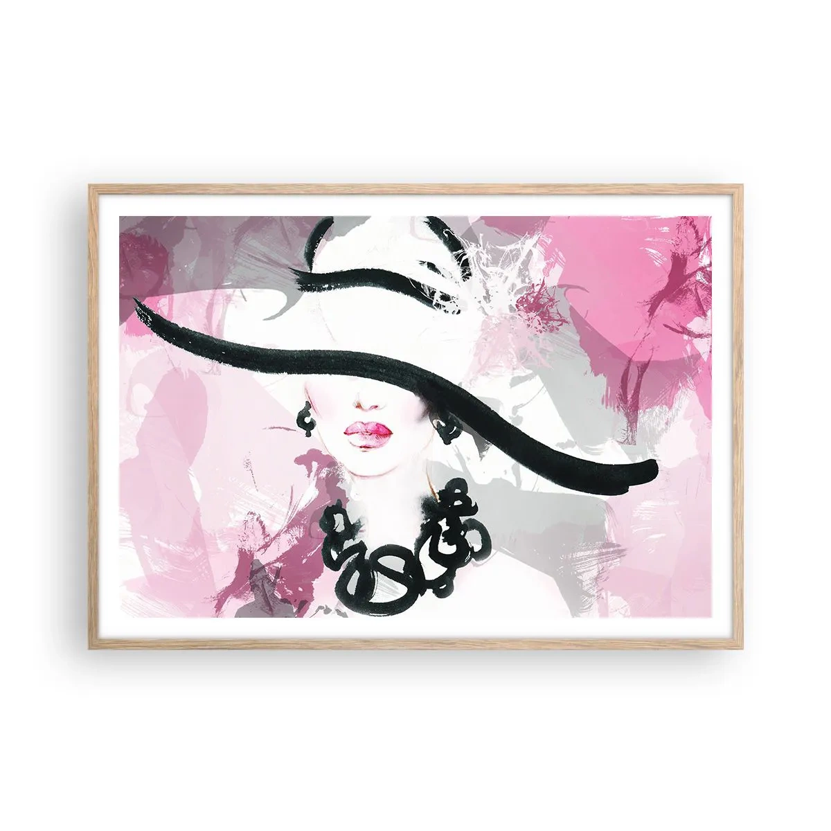 Poster in light oak frame - Portrait of a Lady in Black and Pink - 100x70 cm