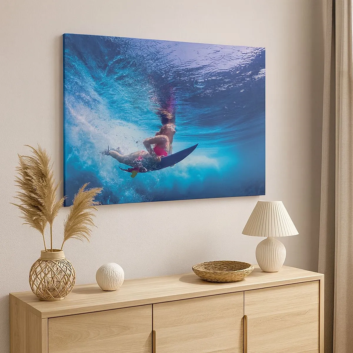 Canvas picture - A surfer underwater in a dynamic composition in shades of blue. - 70x50cm - Depth of Joy - Modern wall decoration for the living room and bedroom ARTTOR
