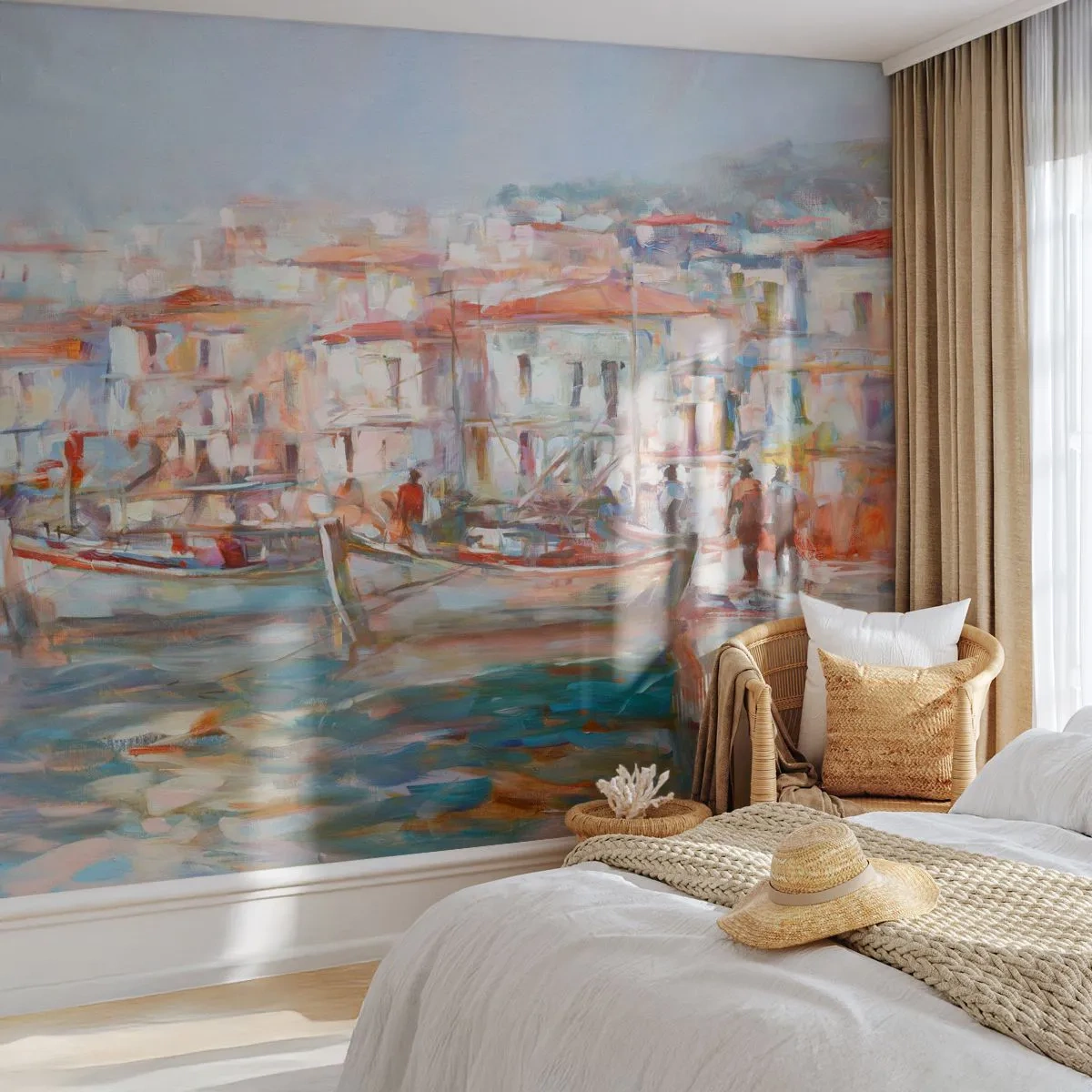 Custom Wallpaper Premium Sand - Holidays in Pastel - Port town, Architecture, Fishing boat