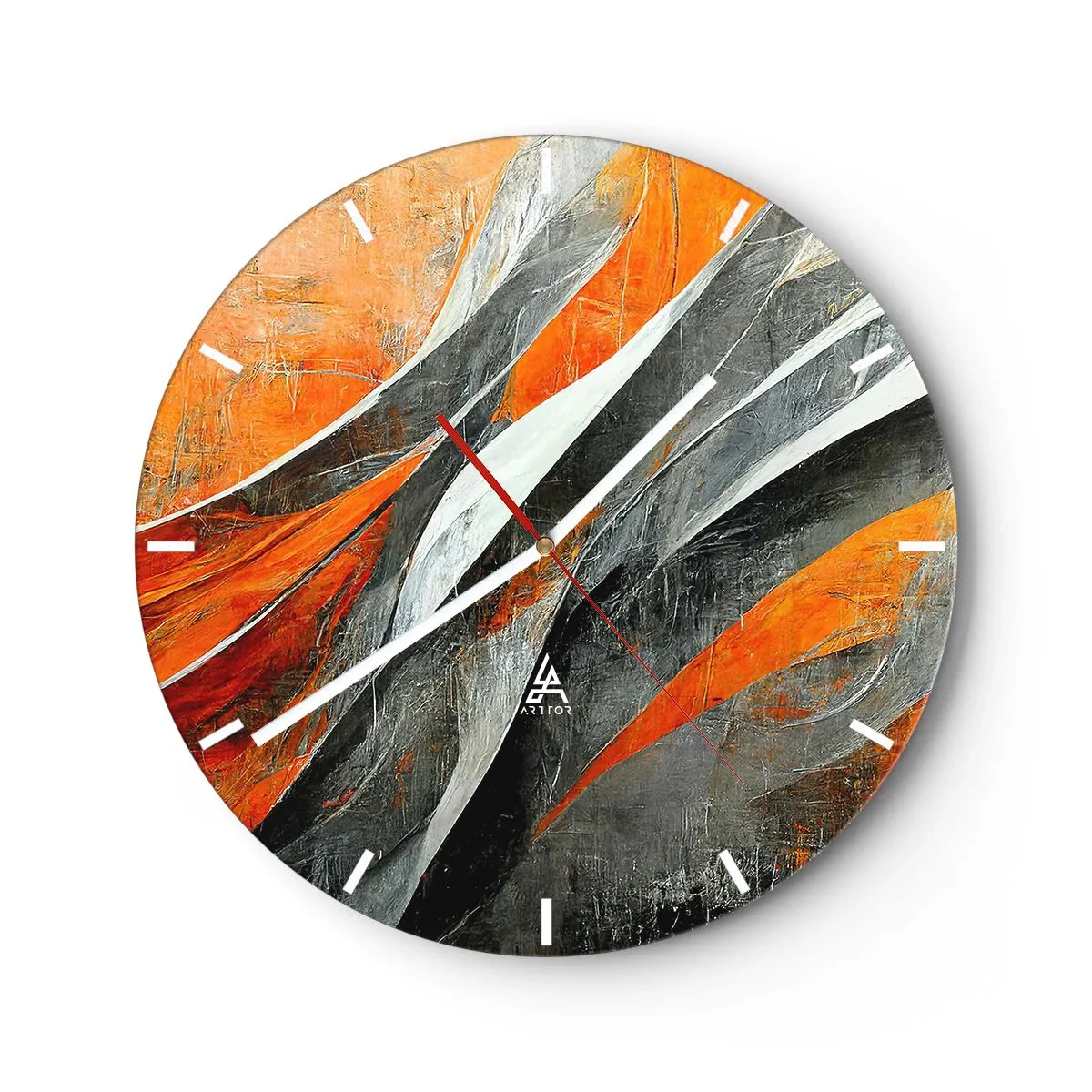 Wall clock - Clock on glass - Dynamic streaks of orange, black and gray - 30x30cm - Heat and Coolness - Modern wall decoration for the living room, kitchen, and bedroom ARTTOR