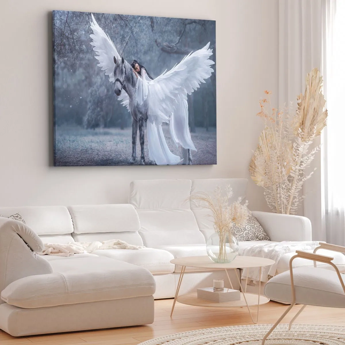 Canvas picture - A woman on a white horse with wings in a magical forest - 70x50cm - Inspired Moment - Modern wall decoration for the living room and bedroom ARTTOR