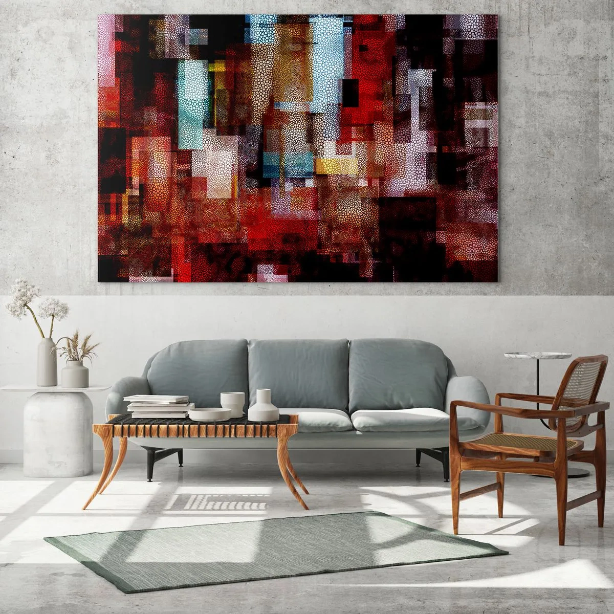 Glass picture - Abstract geometric composition in shades of red - 70x50cm - Mashed UP - Modern wall decoration for the living room and bedroom ARTTOR