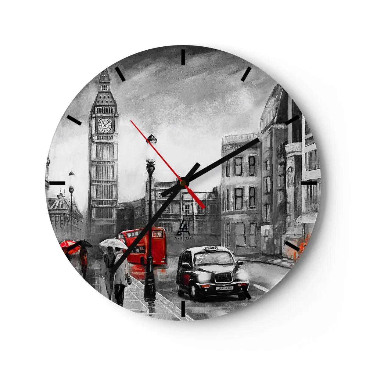 Wall clock - Clock on glass - Big Ben and a London street with a red bus and taxi - 30x30cm - Not Such a Grey City - Modern wall decoration for the living room, kitchen, and bedroom ARTTOR