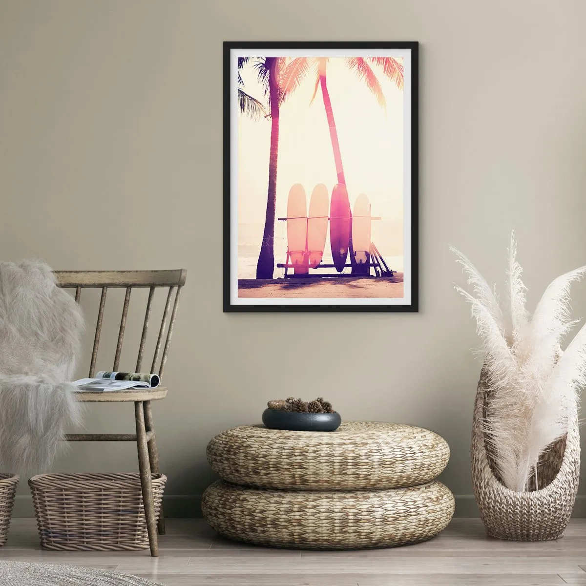 Poster in black frame - Surfboards lined up under palm trees on the beach - 50x70cm - It Will Be a Wonderful Day - Modern wall decoration for the living room and bedroom ARTTOR