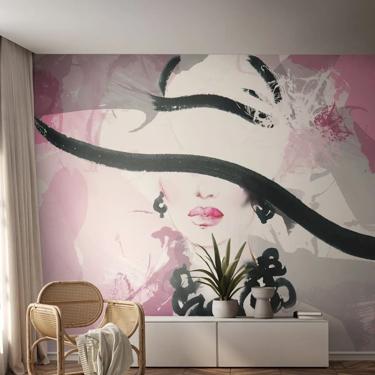 Photo Wallpaper Premium Canvas - Portrait of a Lady in Black and Pink - Woman, Woman's Face, Abstraction - 250x175 cm