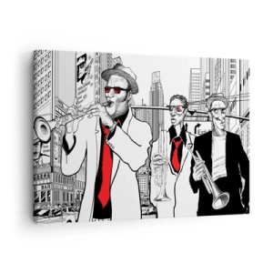 Canvas picture - Illustration of jazz musicians against an urban backdrop - 70x50cm - City Rhapsody in Black and Red - Modern wall decoration for the living room and bedroom ARTTOR
