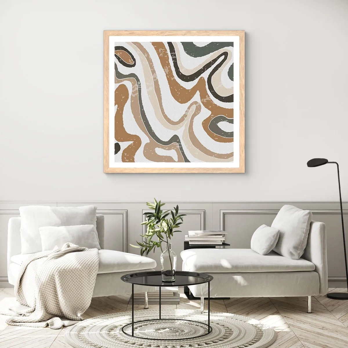 Poster in light oak frame - Meanders of Earth Colours - 50x50 cm