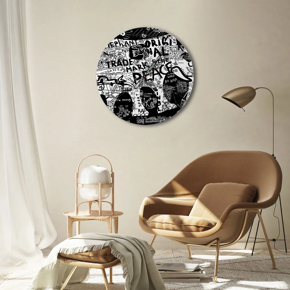Wall clock - Clock on glass - Artistic graffiti motif in black and white - 30x30cm - Rich World of the Street - Modern wall decoration for the living room, kitchen, and bedroom ARTTOR