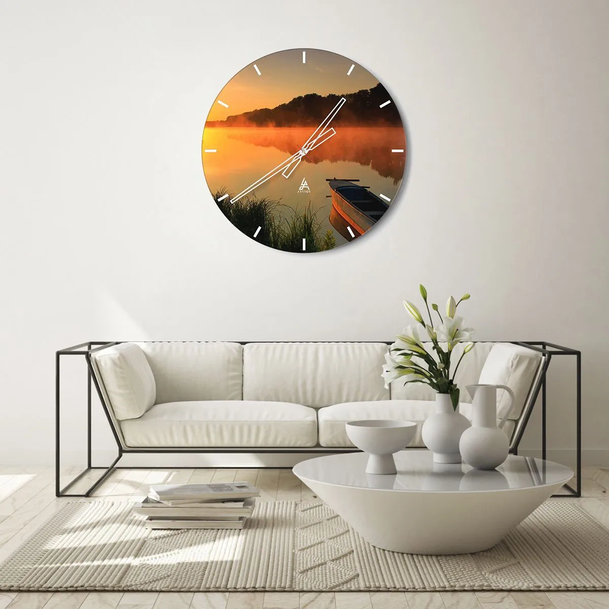Wall clock - Clock on glass - A boat on a lake in the morning surrounded by fog - 30x30cm - Sunrise by a Mirror-like Water - Modern wall decoration for the living room, kitchen, and bedroom ARTTOR