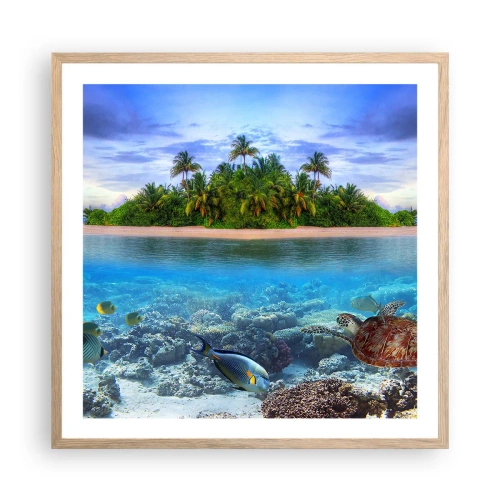 Poster in light oak frame - Heavenly Island Invites You - 60x60 cm