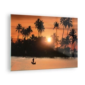 Glass picture - Tropical landscape with palm trees and sunset over the river - 70x50cm - Time for Rest - Modern wall decoration for the living room and bedroom ARTTOR
