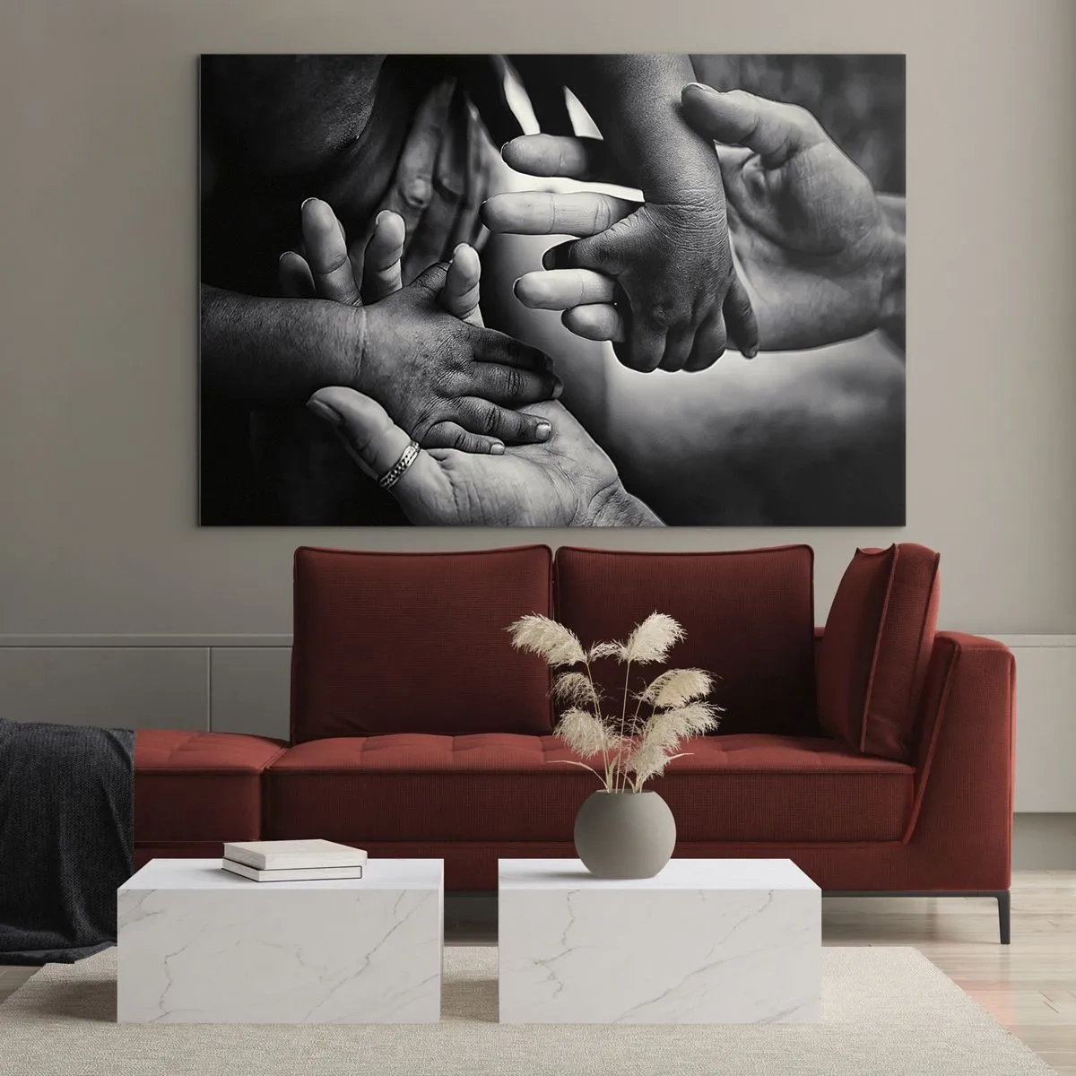 Glass picture - Symbolic black and white handshake of different generations - 70x50cm - To be a Man - Modern wall decoration for the living room and bedroom ARTTOR