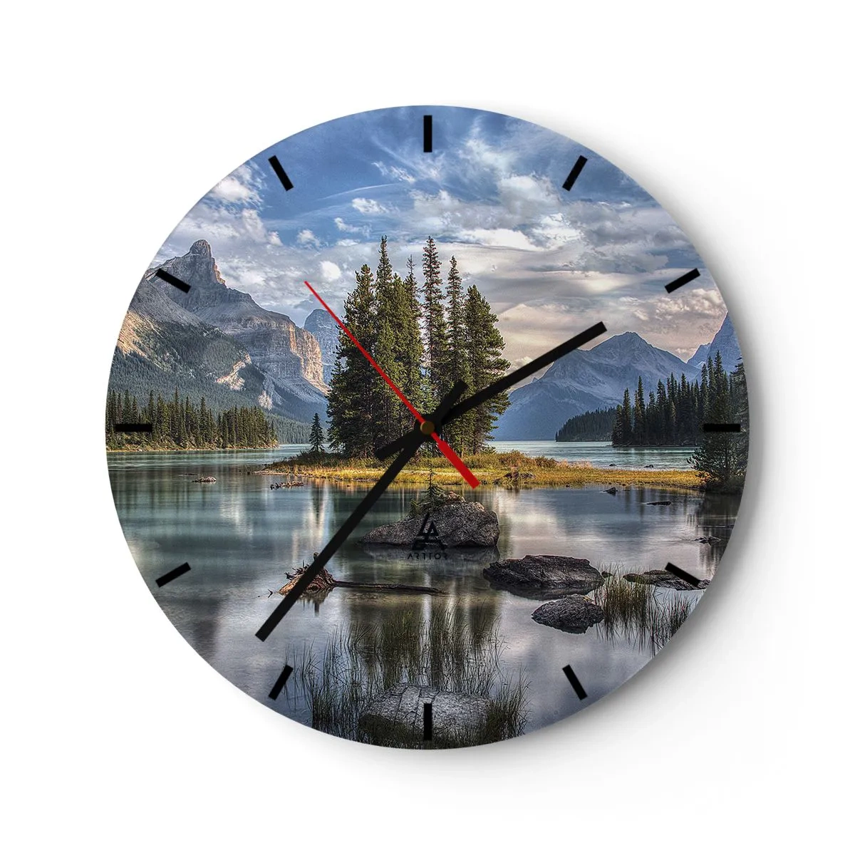 Wall clock - Clock on glass - A picturesque lake with mountains and a forest in the background - 30x30cm - By Big and Clear Waters - Modern wall decoration for the living room, kitchen, and bedroom ARTTOR