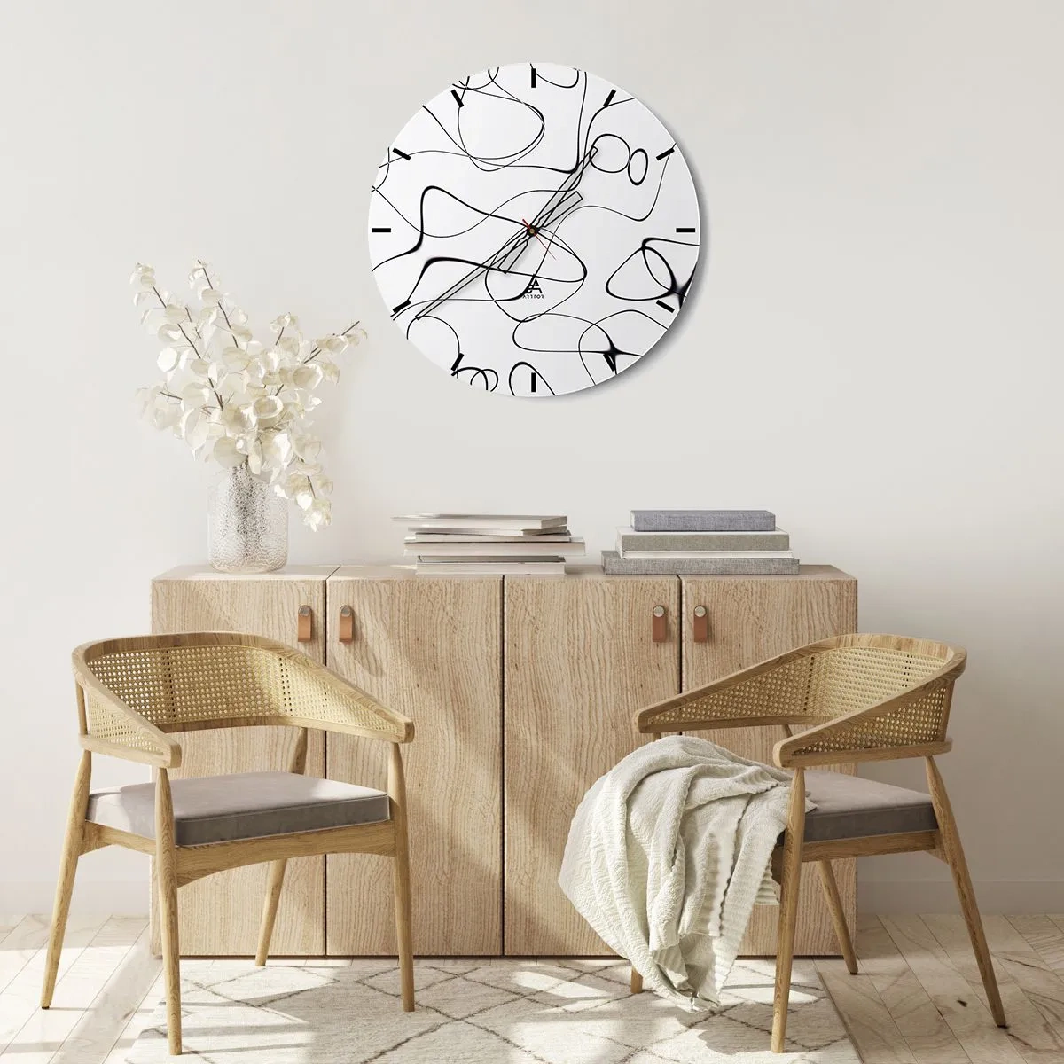 Wall clock - Clock on glass - Black abstract lines on a white background - 30x30cm - Life Paths, Trails of Fortune - Modern wall decoration for the living room, kitchen, and bedroom ARTTOR