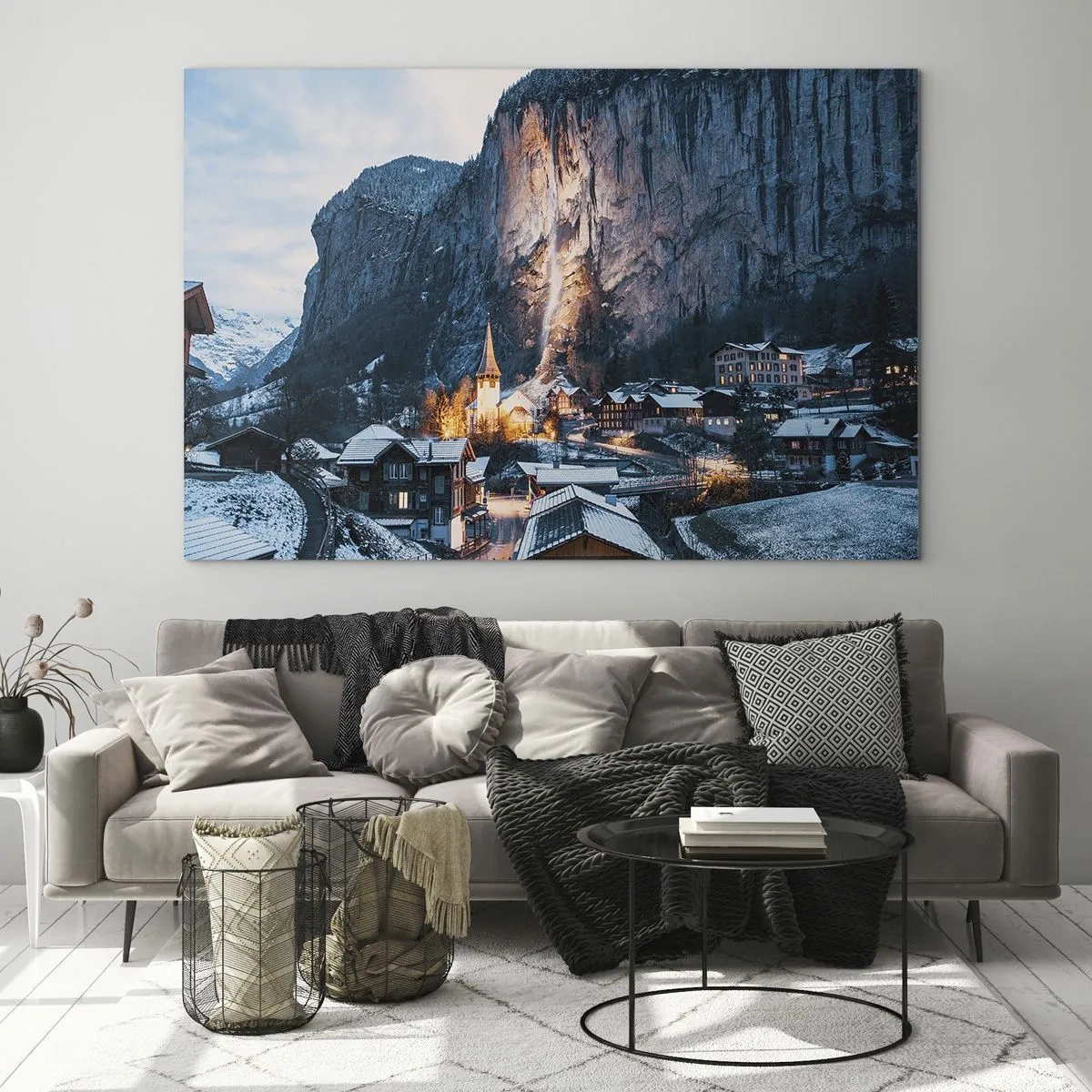 Glass picture - A winter village at the foot of an illuminated rock face - 70x50cm - Sparkling Winter Spirit - Modern wall decoration for the living room and bedroom ARTTOR
