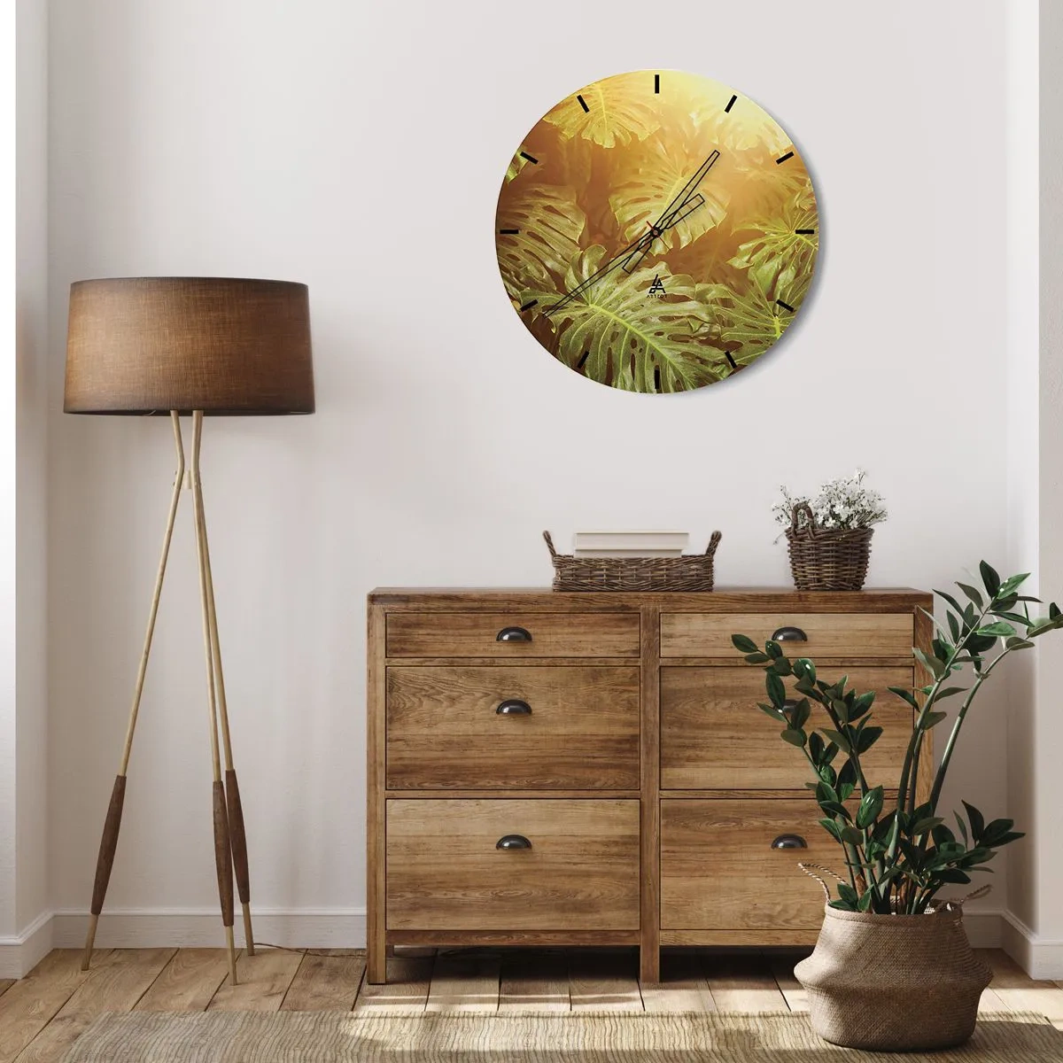 Wall clock - Clock on glass - Monstera leaves in the light of the setting sun - 30x30cm - Walking into the Green - Modern wall decoration for the living room, kitchen, and bedroom ARTTOR