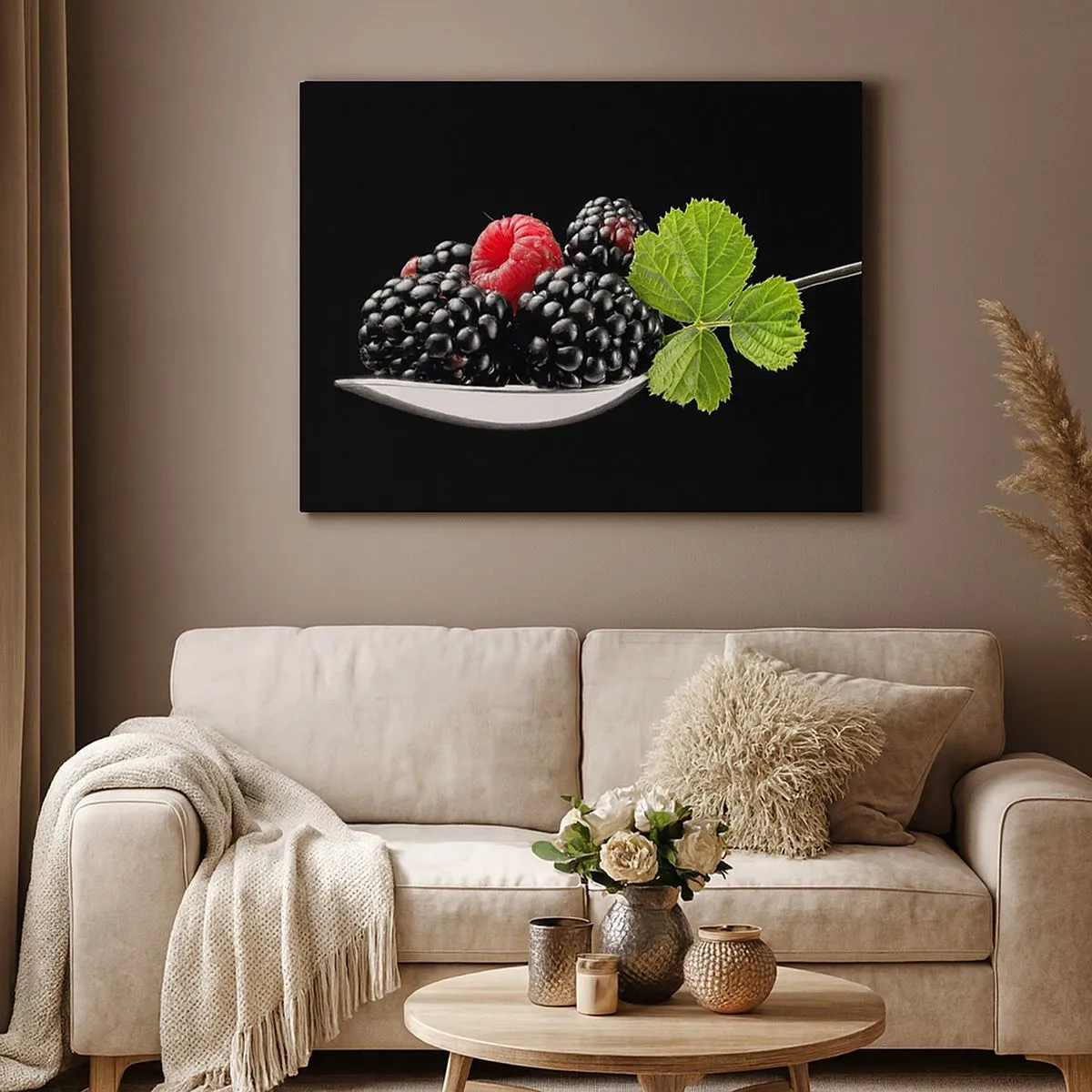 Canvas picture - Blackberries and raspberries on a spoon with a leaf on a black background - 70x50cm - Taste of Freshness - Modern wall decoration for the living room and bedroom ARTTOR