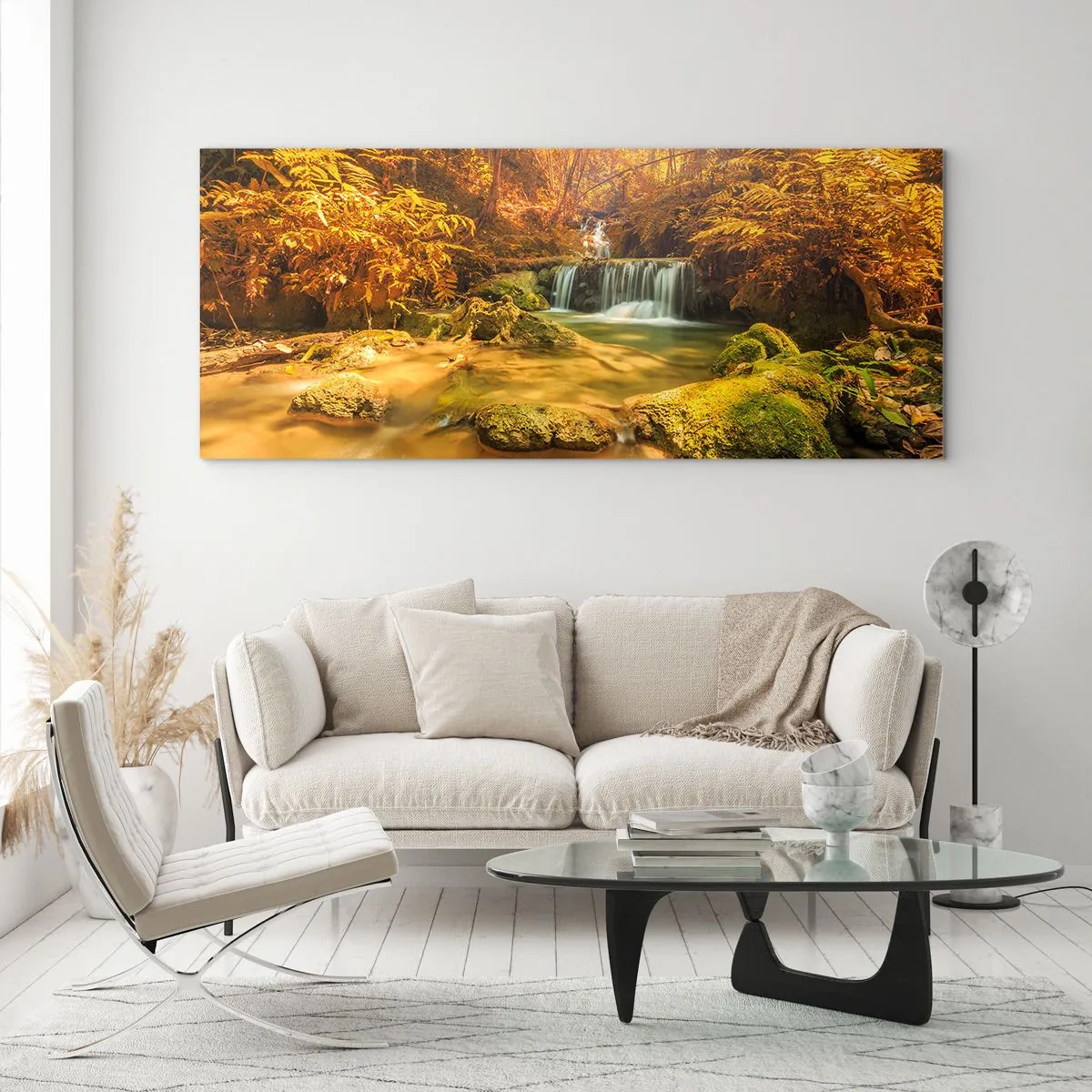 Glass picture - Forest Cascade in Gold - 160x50 cm