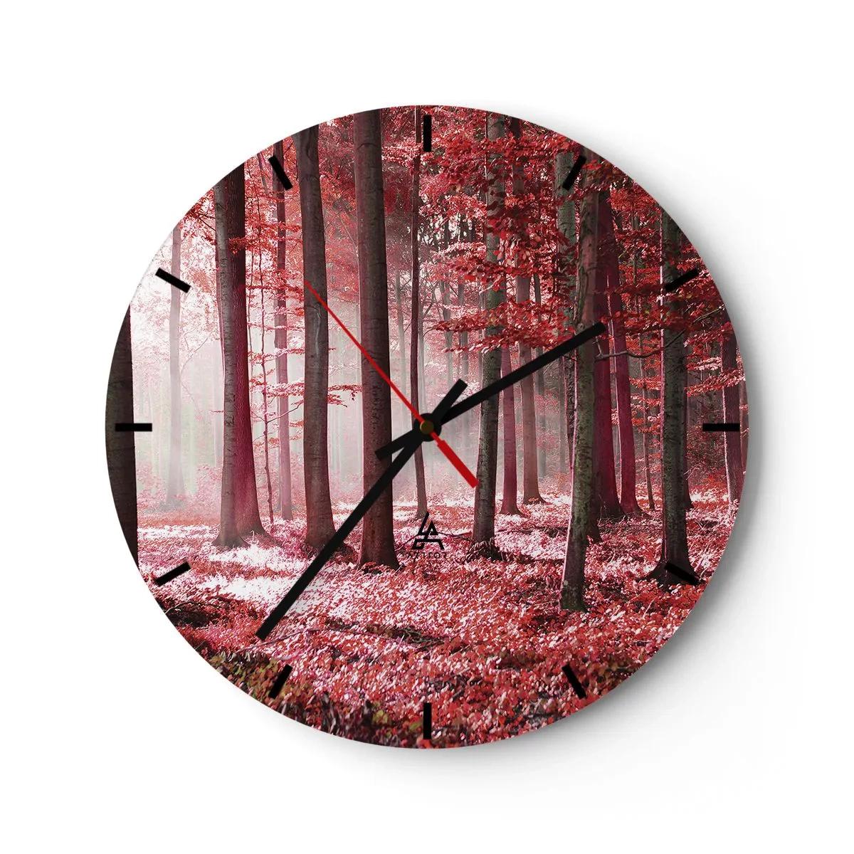 Wall clock - Clock on glass - A picturesque forest in red shades in the morning light - 30x30cm - Red Equally Beautiful - Modern wall decoration for the living room, kitchen, and bedroom ARTTOR