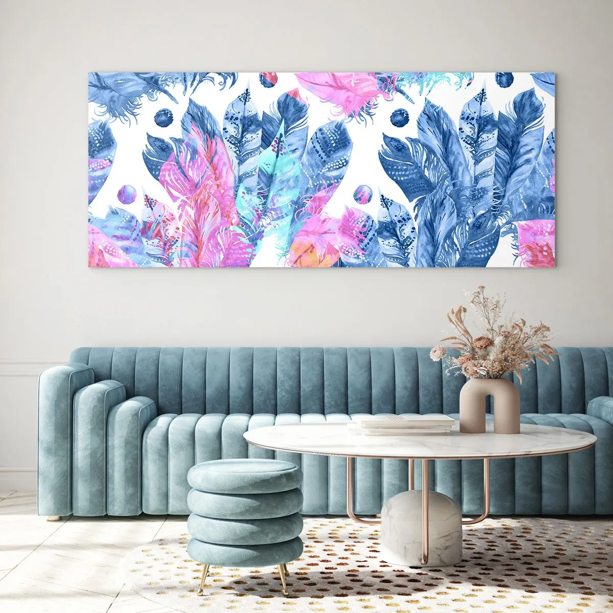 Glass picture - Pink and Blue Plumes - 90x30 cm