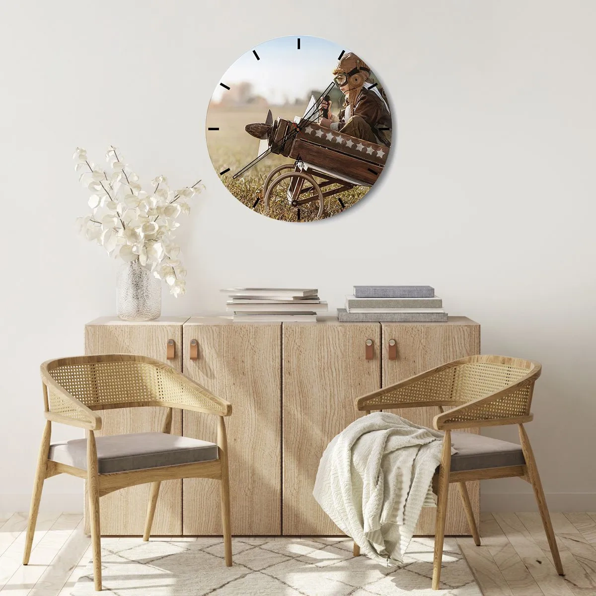 Wall clock - Clock on glass - A boy in a pilot costume in a wooden plane - 30x30cm - Take off for a Dream - Modern wall decoration for the living room, kitchen, and bedroom ARTTOR