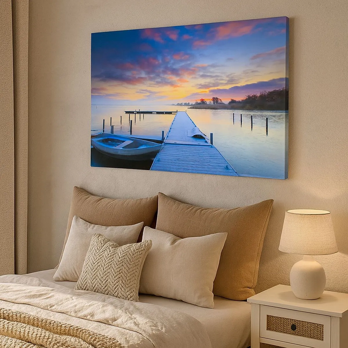 Canvas picture - A lakeside jetty at sunset with a boat at the shore - 70x50cm - Purple-Golden Peace - Modern wall decoration for the living room and bedroom ARTTOR