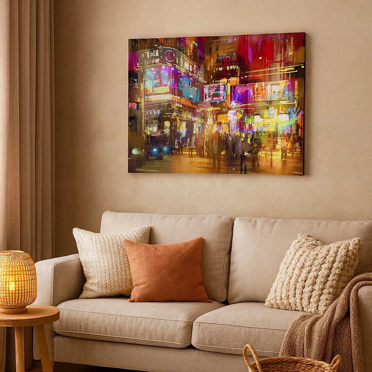 Canvas picture - vibrant city at night in the neon light - 70x50cm - In the Sea of Light - Modern wall decoration for the living room and bedroom ARTTOR