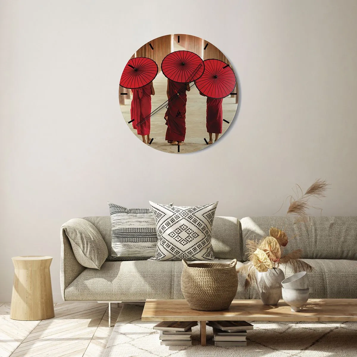 Wall clock - Clock on glass - Three monks in red robes with umbrellas - 30x30cm - On the Way to Pure Country - Modern wall decoration for the living room, kitchen, and bedroom ARTTOR