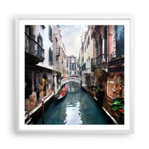 Poster in white frmae - Venetian View with a Gondola and a Bridge - 60x60 cm