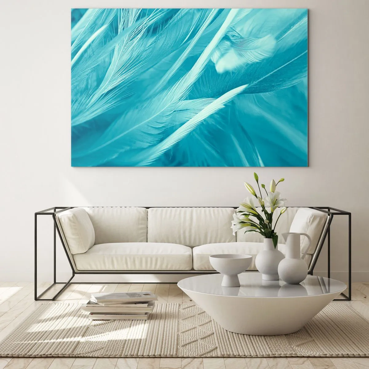 Glass picture - Turquoise feathers in a delicate close-up - 70x50cm - Drowning in Feathers - Modern wall decoration for the living room and bedroom ARTTOR