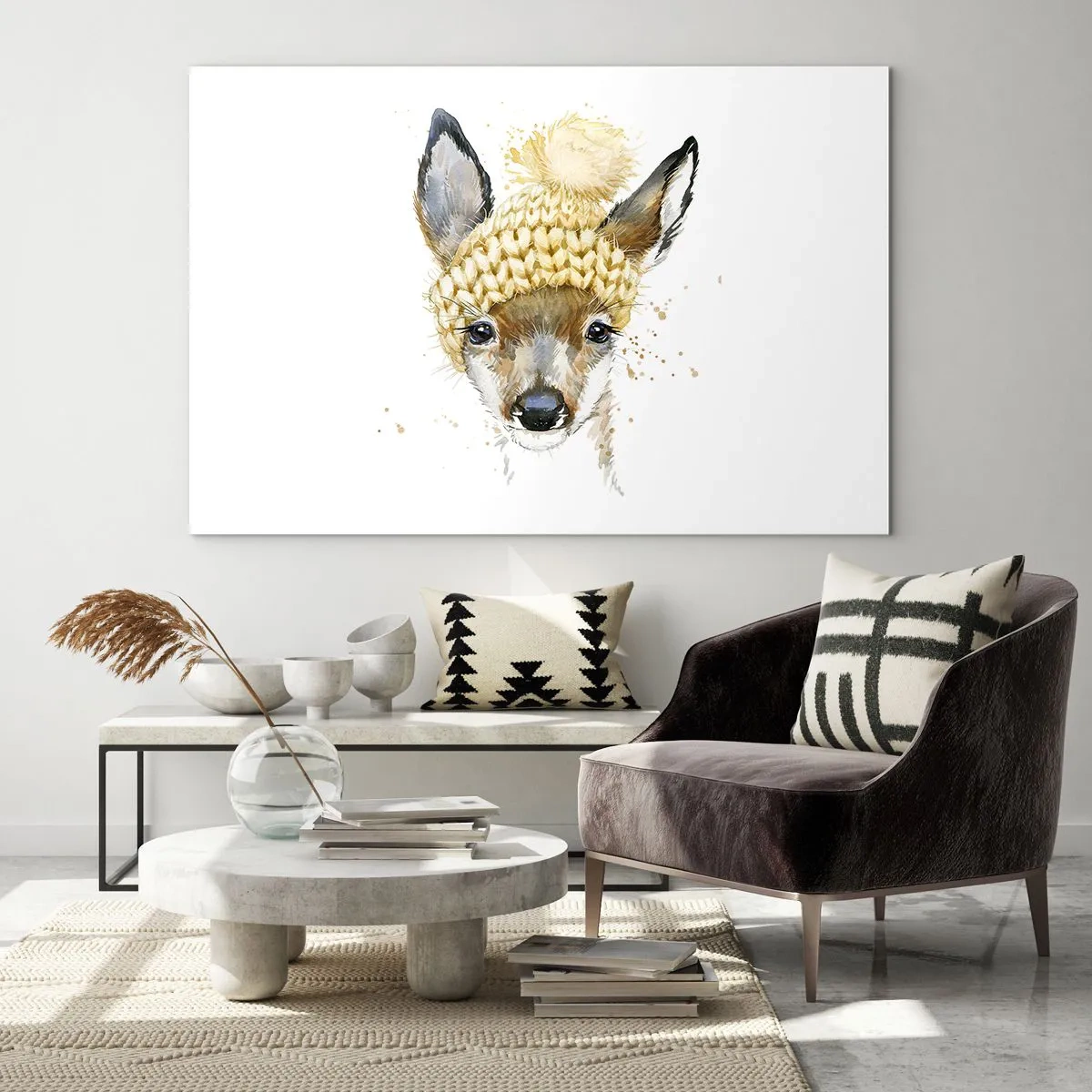 Glass picture - A roe deer in a woolen hat with a pompom - 70x50cm - For Winter in a Snowy Forest - Modern wall decoration for the living room and bedroom ARTTOR